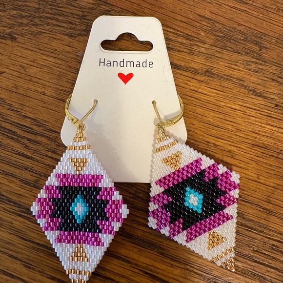 Jewelry - Handmade Beaded Geometric Earrings - Pink, Black, Gold